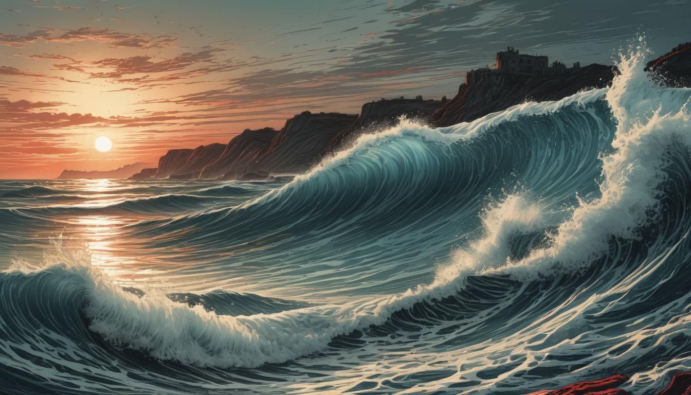 Elegant Sunset Over Water: Line Engraving Illustration