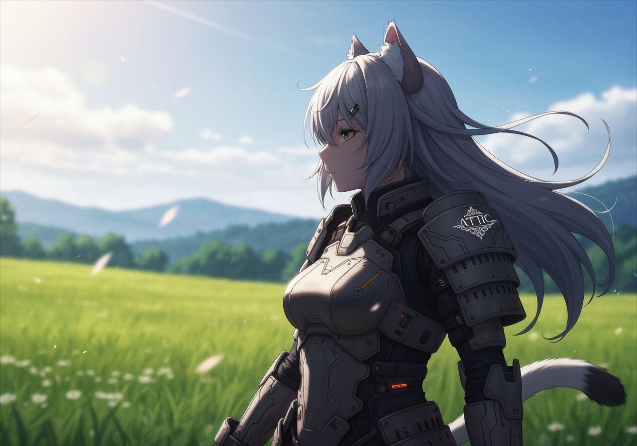 Catgirl in Sci-Fi Armor in Anime Style Meadow