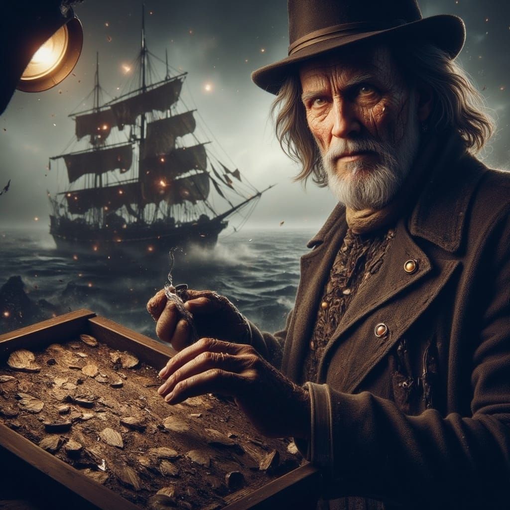Man on the Edge of the Dark Sea in a Mysterious Atmosphere