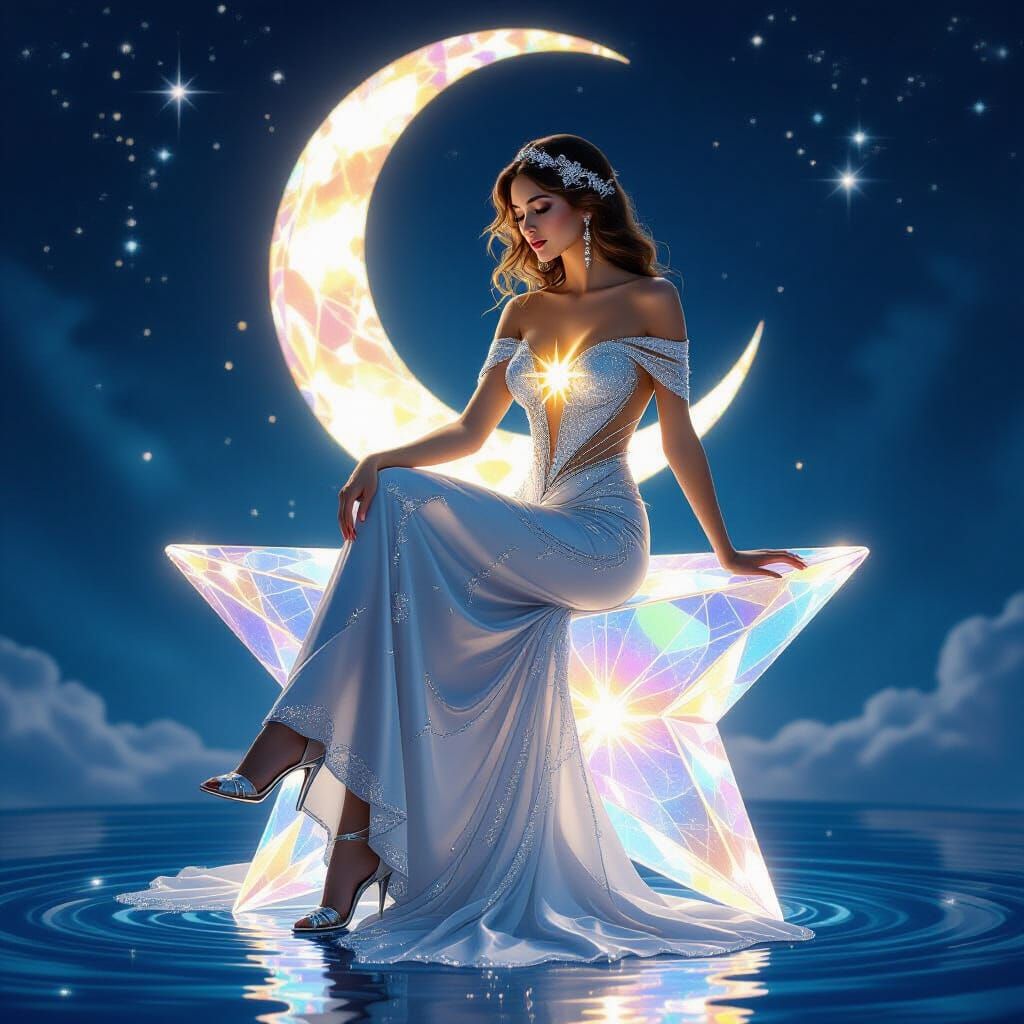 Ethereal Woman on Crystal Star in Beaded Dress