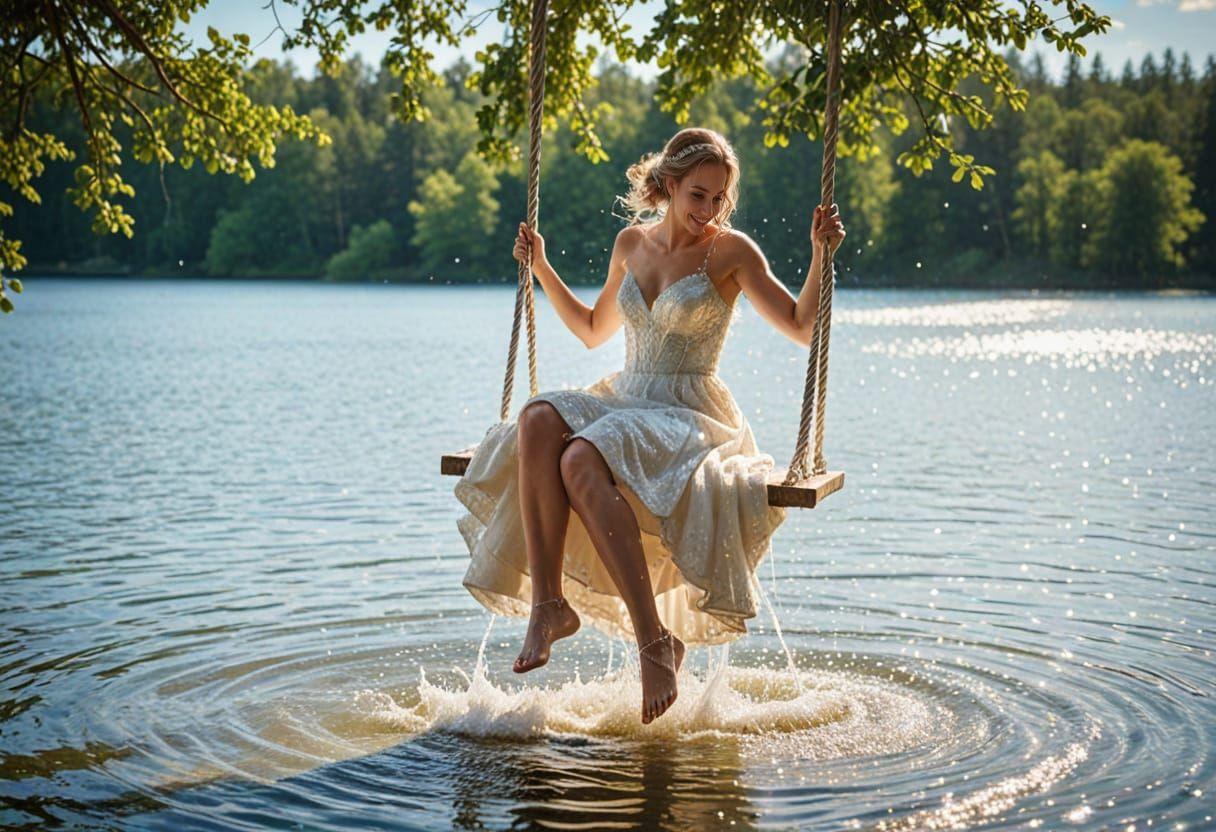 Barefoot Bride on Swing: Photorealistic Wedding Photo