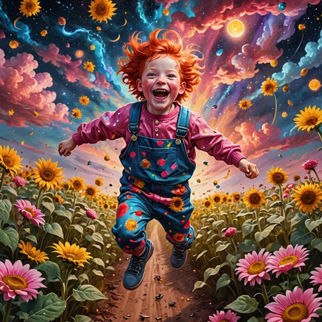 Ecstatic Redhead Leaps over Psychedelic Sunflower Field