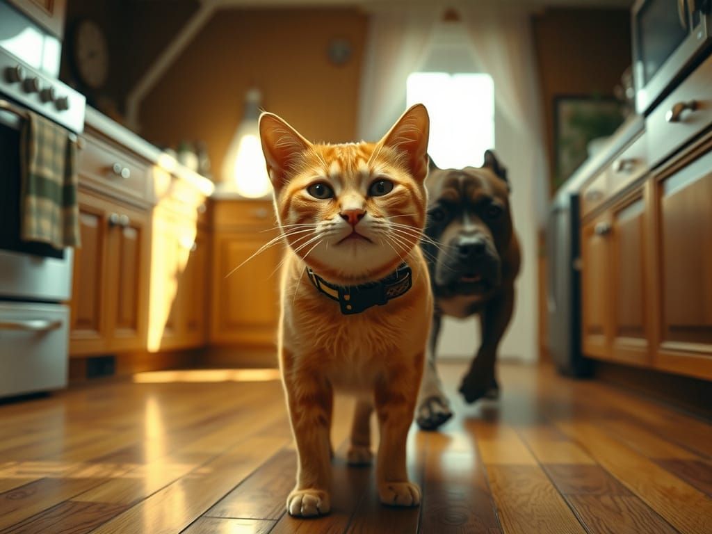 Frightened Cat Chased by Pit Bull in Sunlit Kitchen