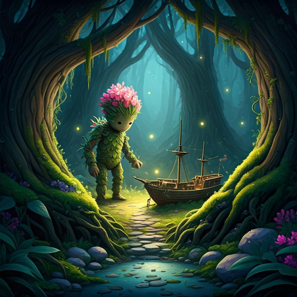 Enchanted Forest Golem Tends Glowing Shipwreck