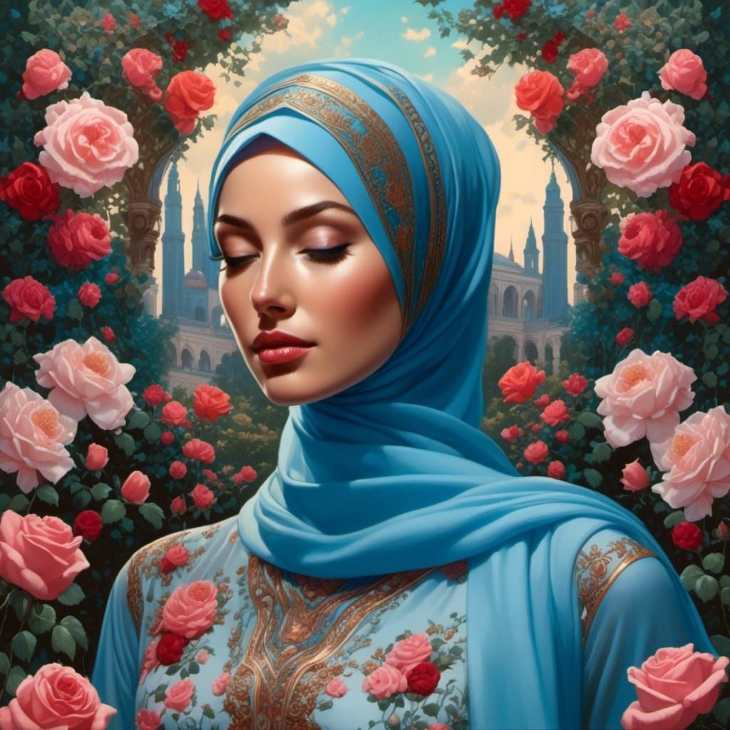 Rose Garden Portrait of Woman in Hijab as Oil Painting