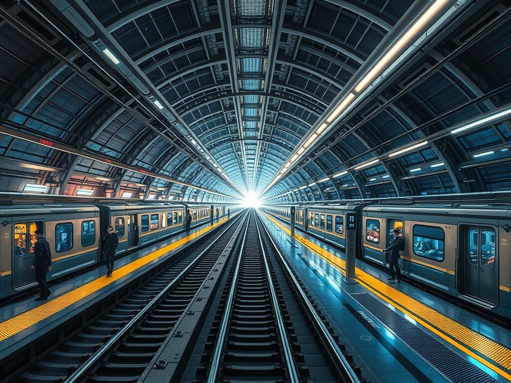 Futuristic Interdimensional Train Station with Aurora Lighti...