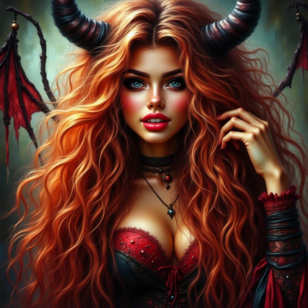 Seductive Red-Skinned Devil Woman in Haunted Mansion