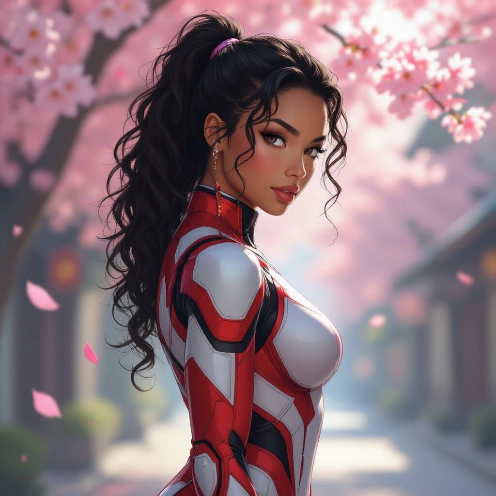 Cyberpunk Heroine in Cherry Blossom Super Suit