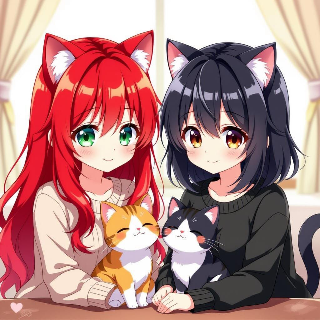 Anime Girls with Cute Cats in Kawaii Style