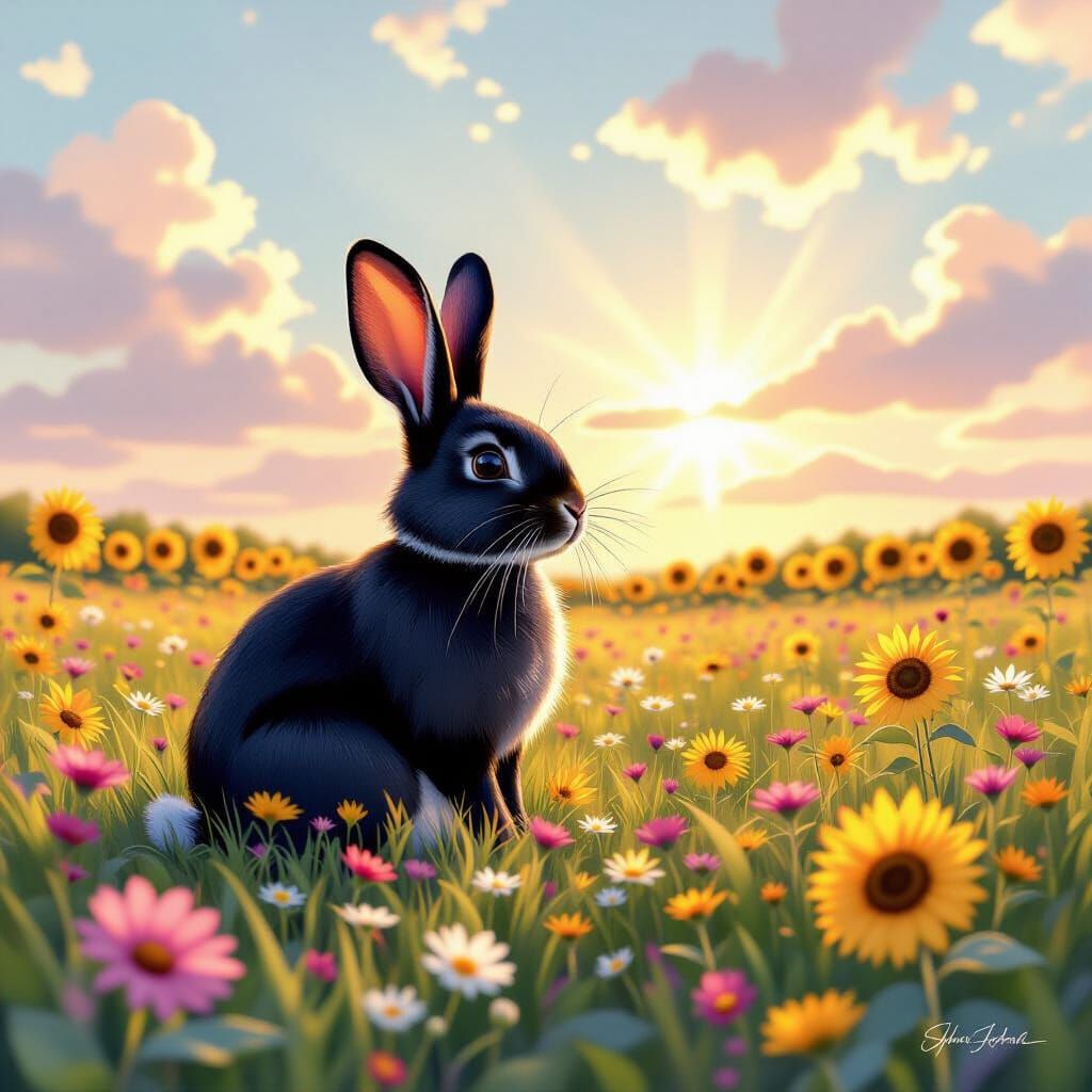 Majestic Black Rabbit in Wildflowers with Sunburst