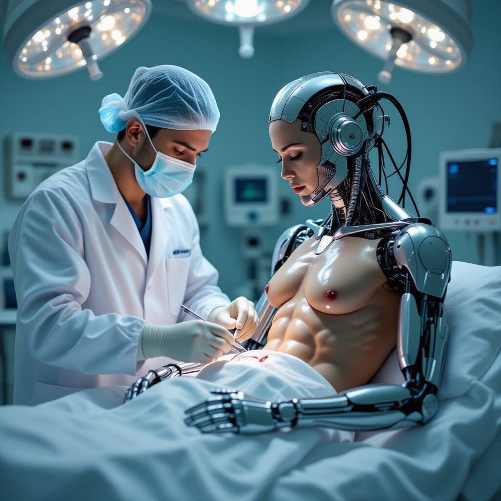Cyborg Transformation by Surgeons in Dark Futurism Style
