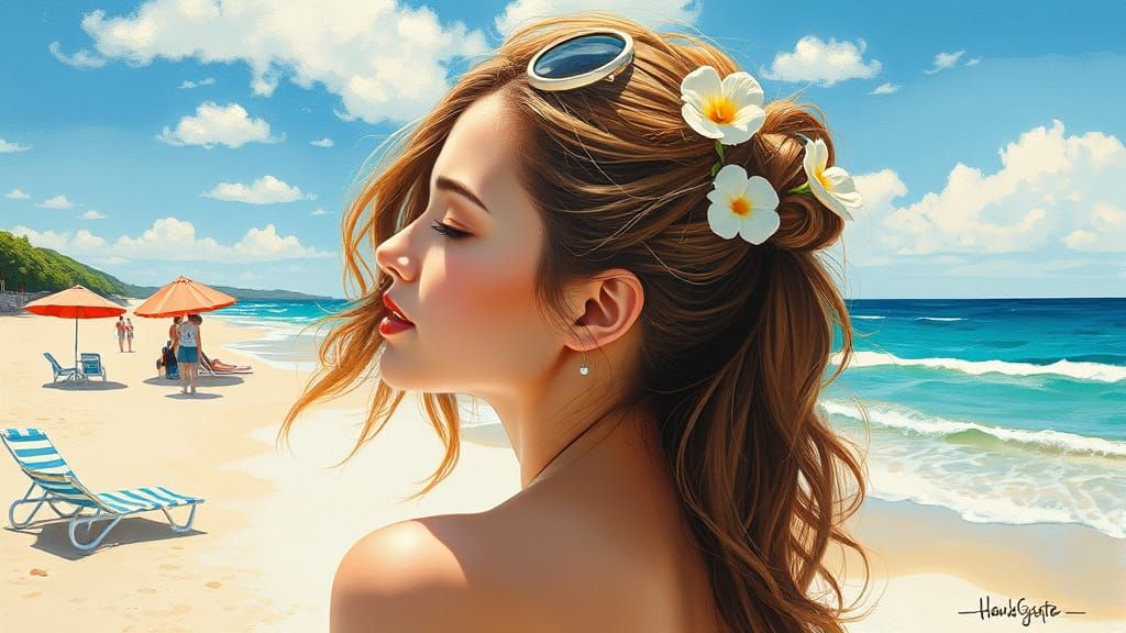 Beautiful Girl with Unusual Hairstyles on a Relaxing Beach