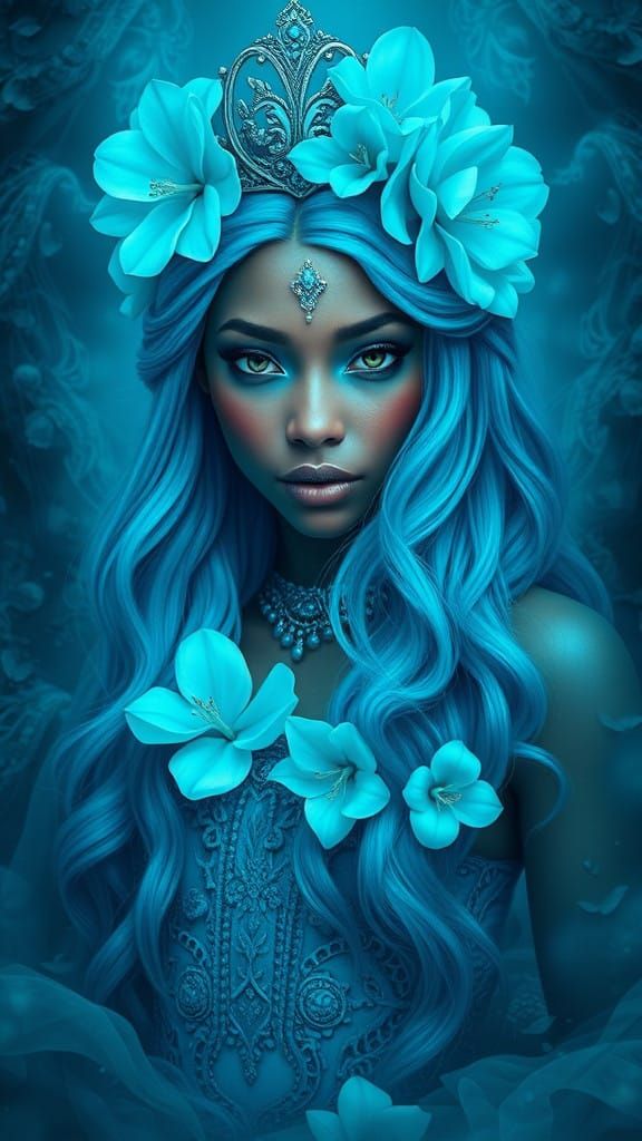 Majestic Cerulean Goddess with Vibrant Gothic Accents