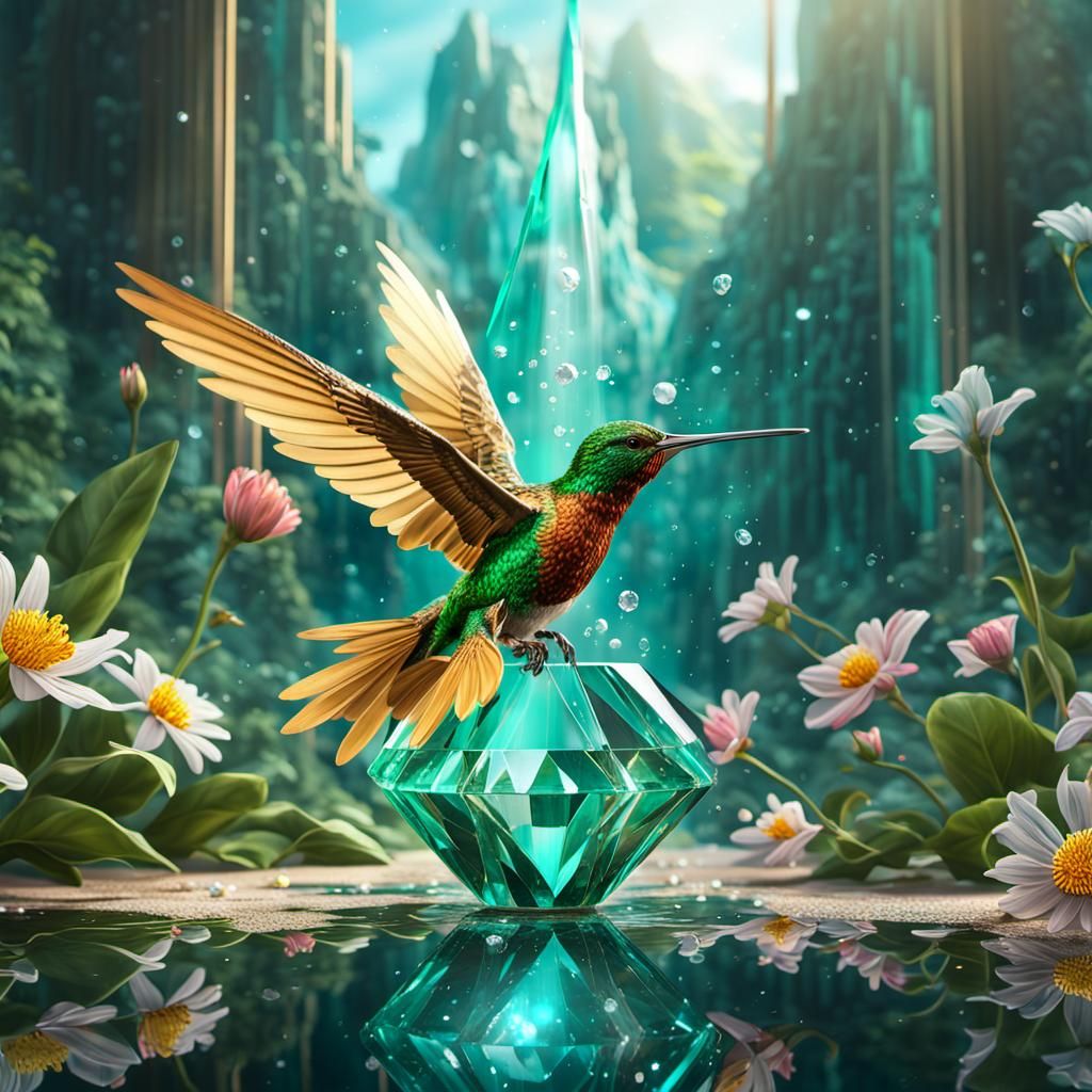 Golden Emerald Hummingbird in Magical Setting