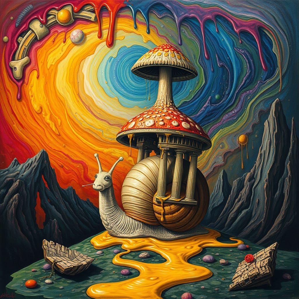 Surreal Landscape with Giant Snail and Temple Shell