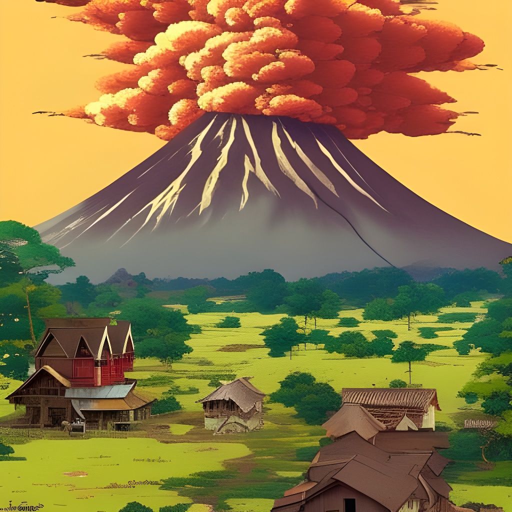 Nostalgic Farm Village with Distant Volcano