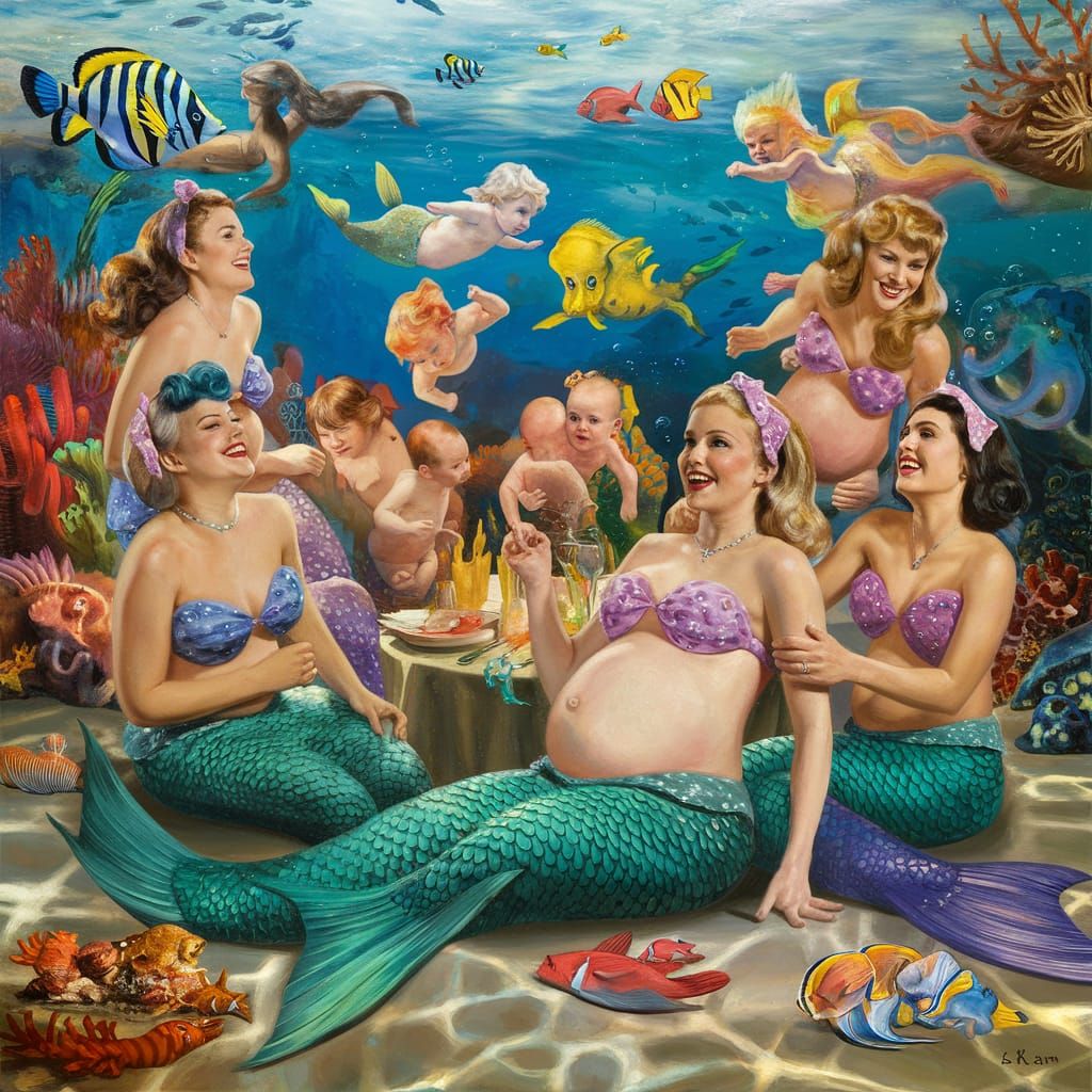 Vintage Underwater Mermaid Baby Shower Oil Painting