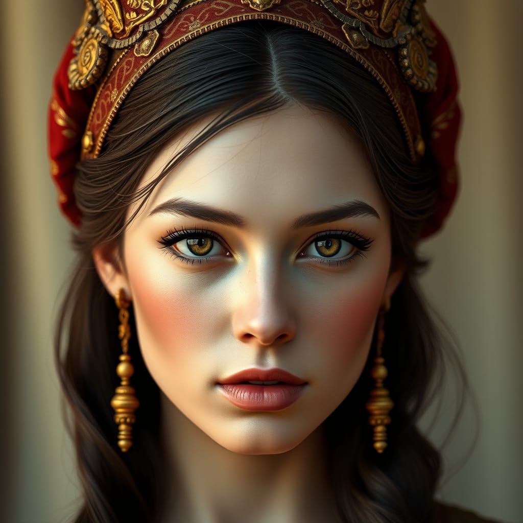 Elegant Lady in Regal Attire with Ornate Headpiece