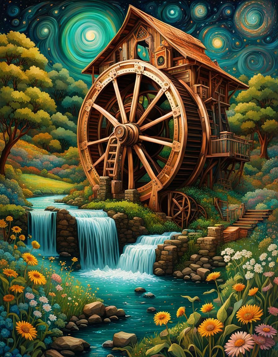 Steampunk Watermill in Emerald and Copper Meadow