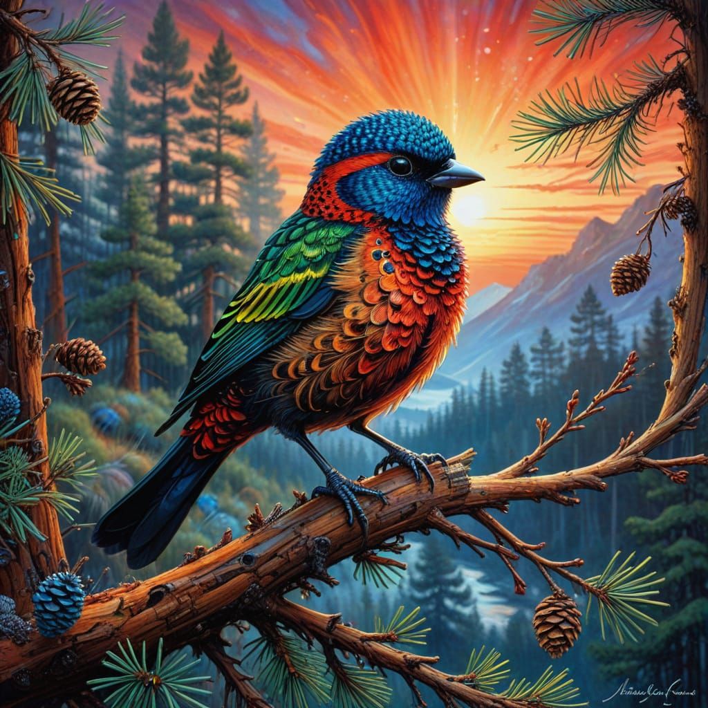 Whimsical Bunting Perched on Pine Branch in Sunrise Light