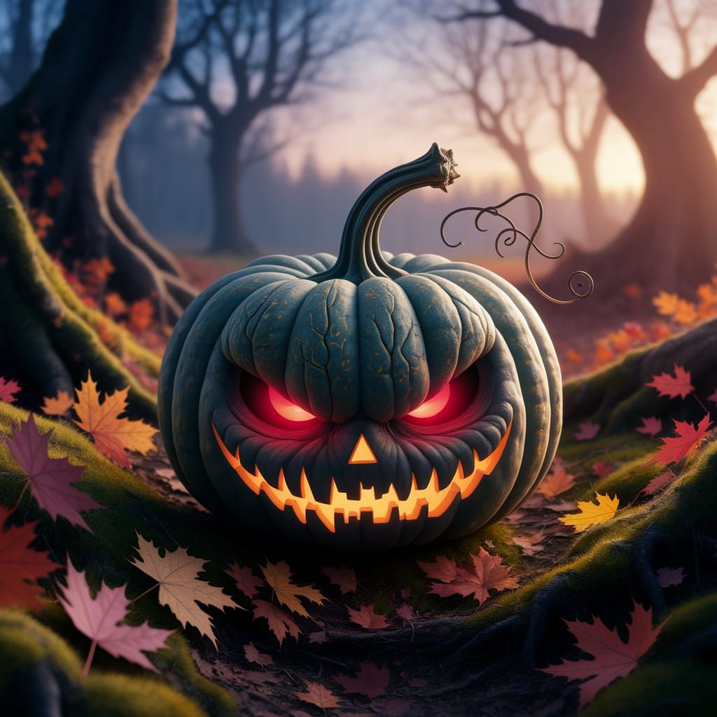 Evil Pumpkin with Crimson Eyes in Golden Light