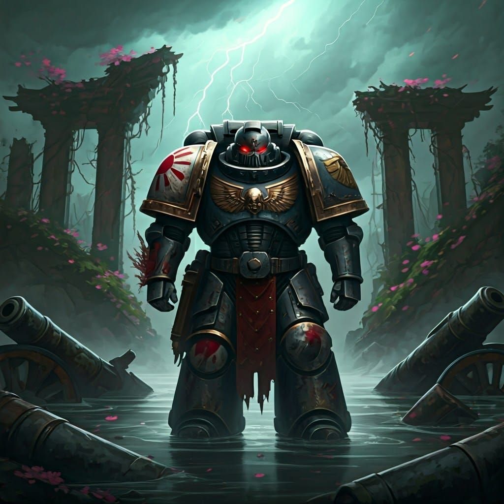 Futuristic Japanese Space Marine in Ruined Temple
