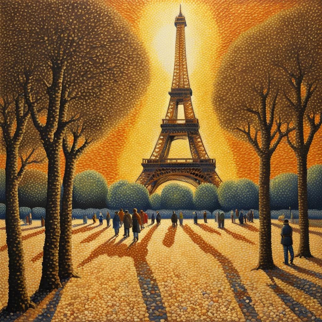 Matchstick Eiffel Tower in Hyperrealistic Pointillism