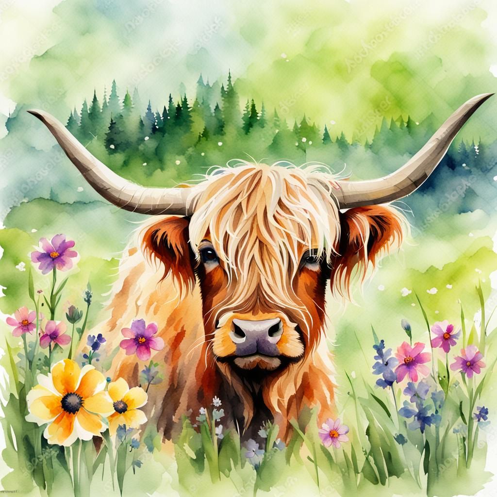 Watercolor Highland Cow in Spring Meadow