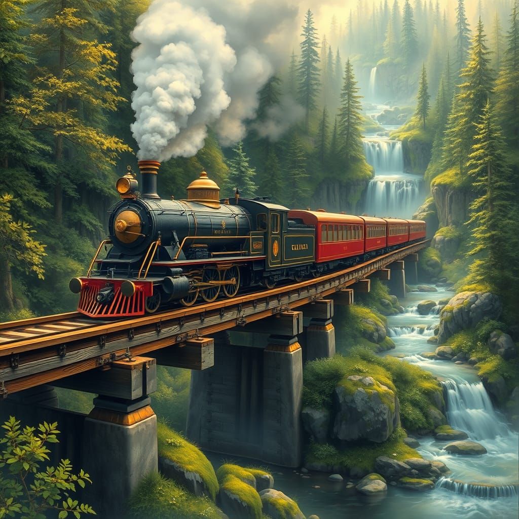 Vintage Train Chugs Across Emerald Forest Waterfalls
