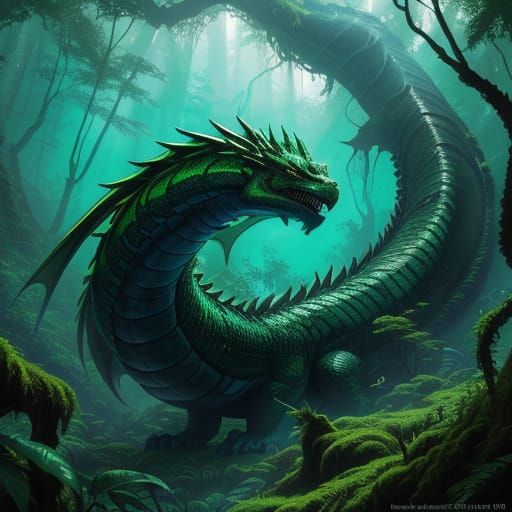 Giant Jungle Dragon Rests in Canopy - Oil Painting