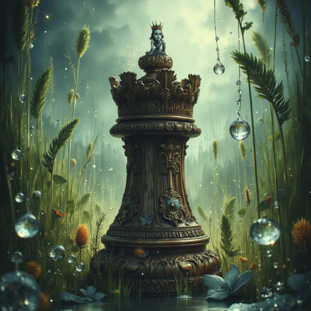 Miniature Queen on Giant Chess Piece in Overgrown Garden