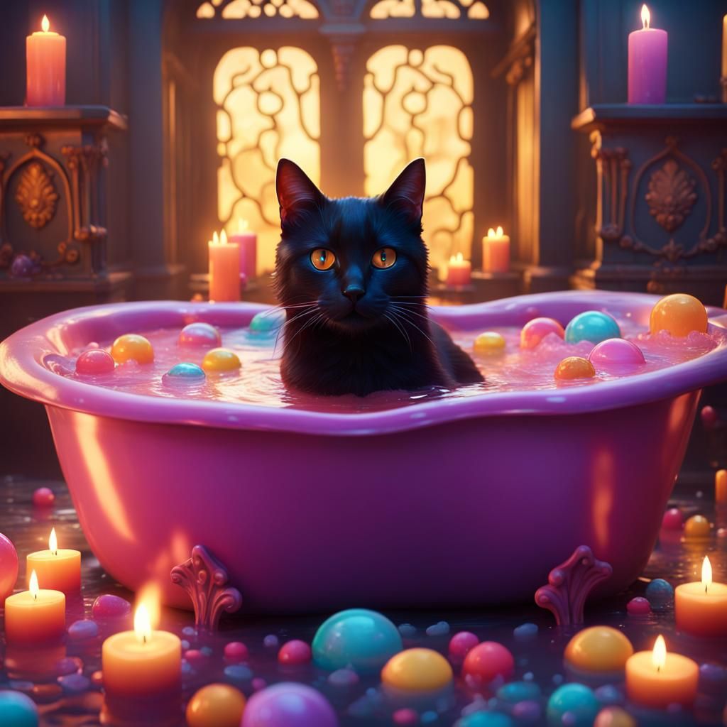 Colorful Bubble Bath with Black Cat, Detailed Art