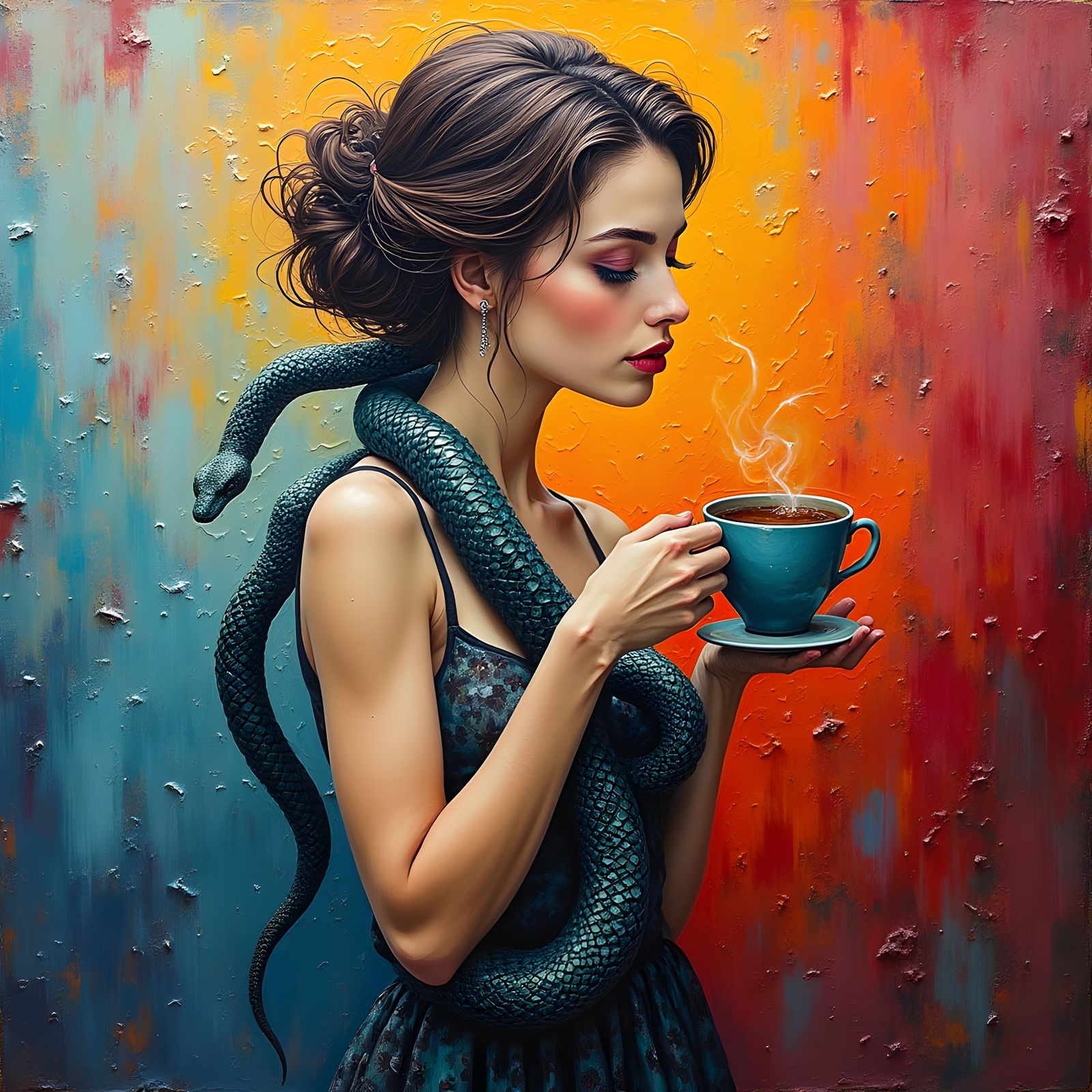 Snake Woman Sipping Tea: Neo-Impressionist Oil Painting