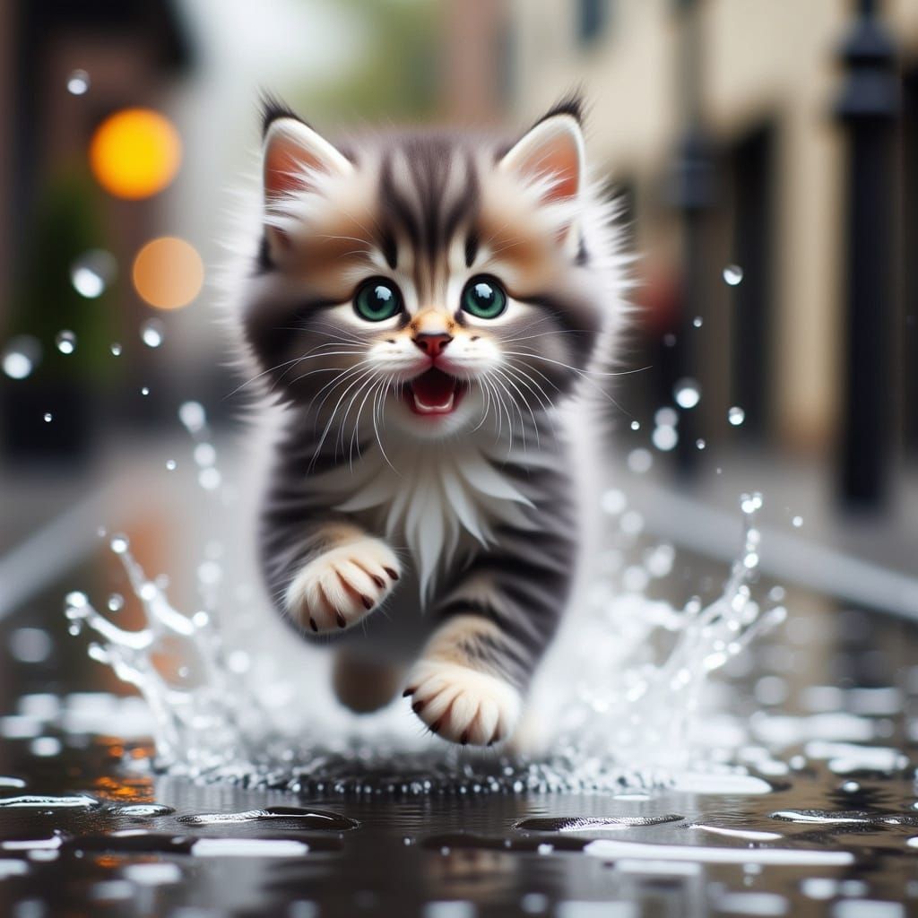 Kitten's Rainy Day Joy in Hyper-Realistic Style