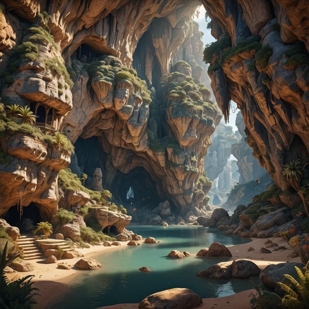 Sunlit Algarve Cave and Grotto: Detailed Matte Painting