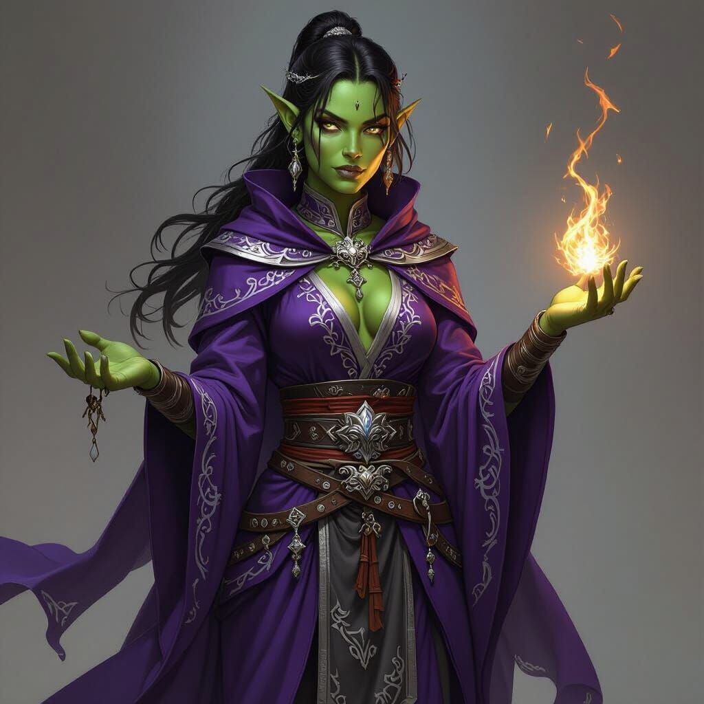 Female Orc Trickster Cleric in Purple and Silver Robes