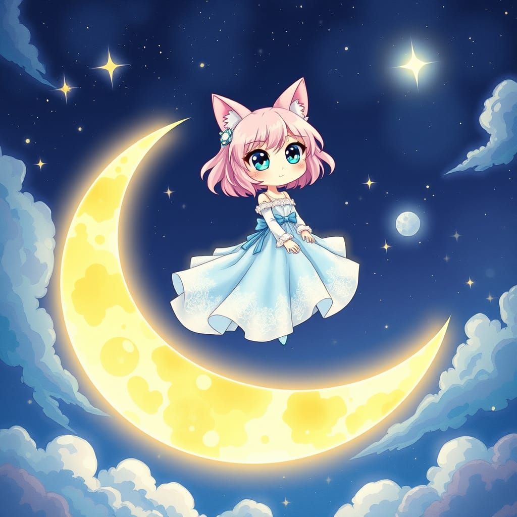 Whimsical Moonlit Cat Girl Rides Majestic Lunar Steed