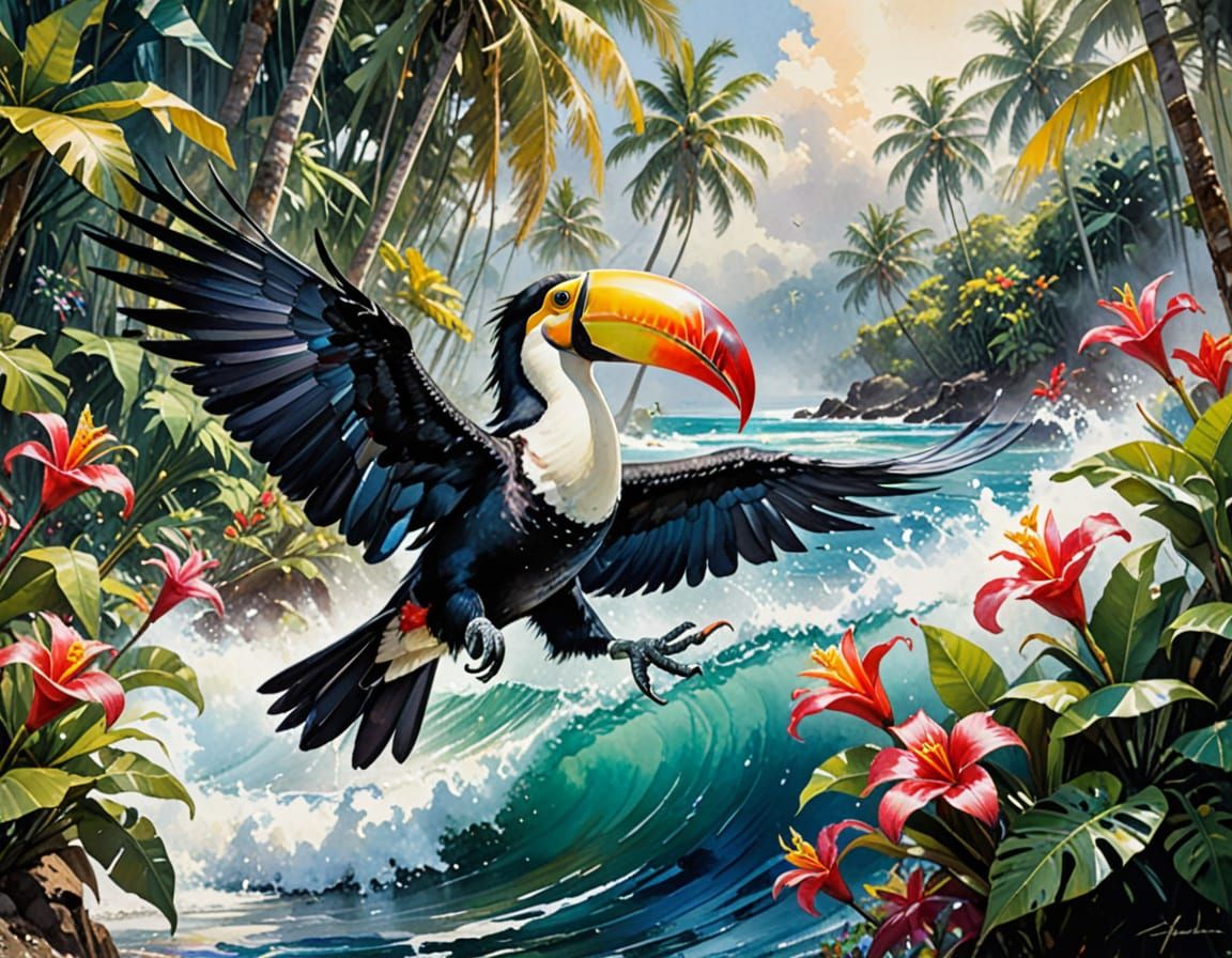 Watercolor Tucan Directing Ocean Storms