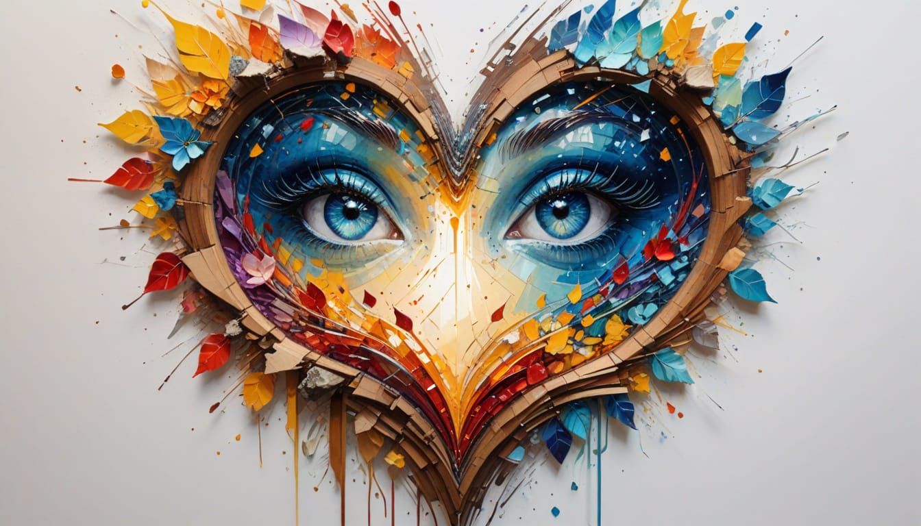 Heart Reflected Through Broken Glass in Watercolor Style