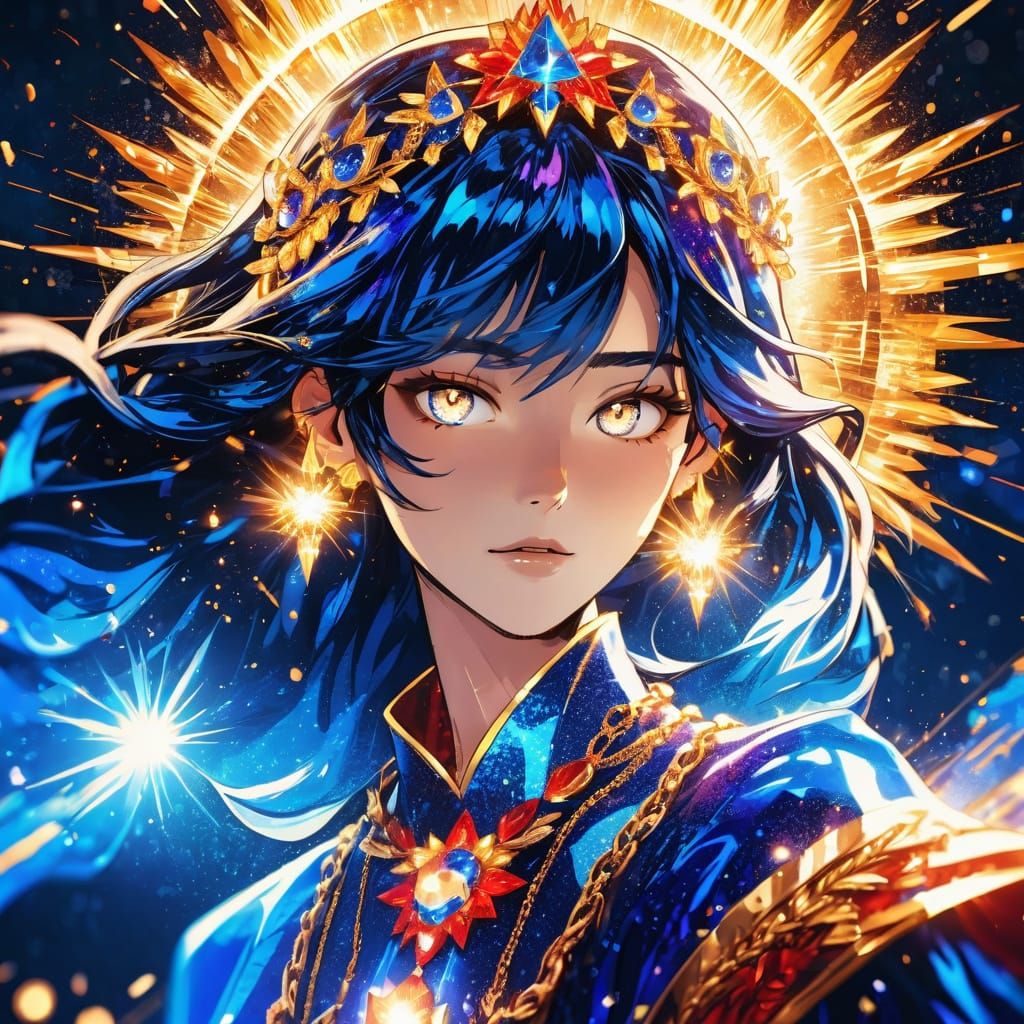 Electric Blue Talisman with Crimson Sparkle in Manhwa Style