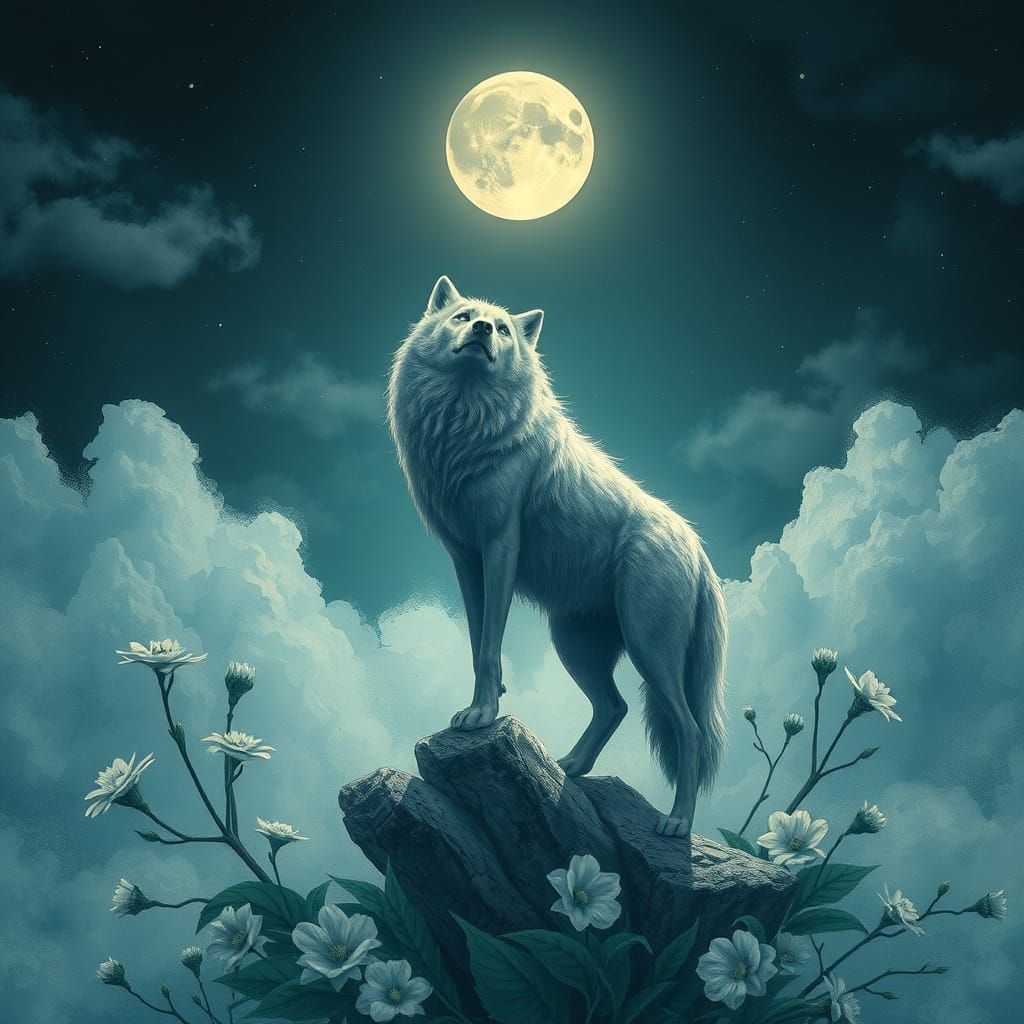 Wolf Under a Full Moon in the Forest