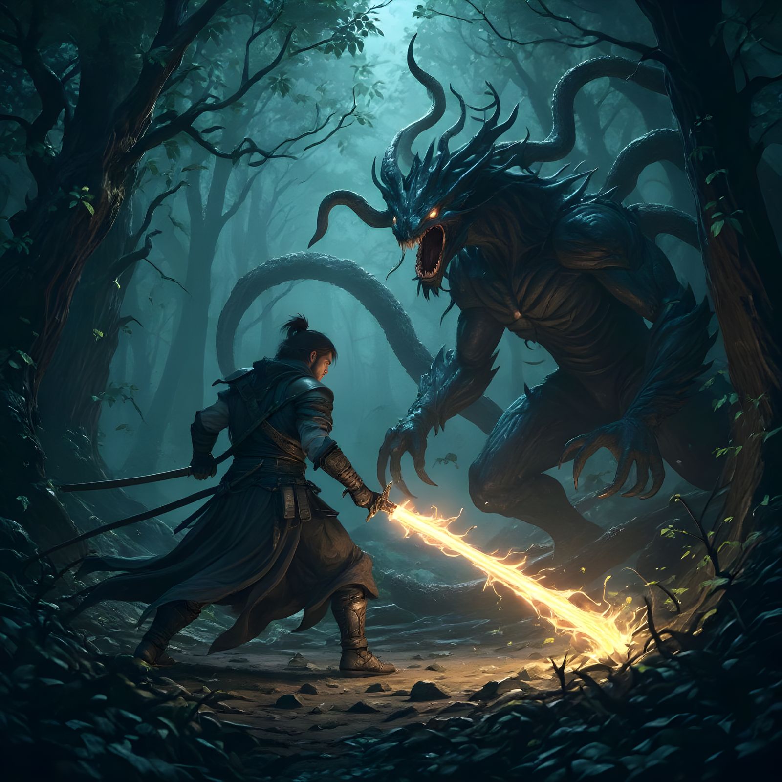 Swordsman Battles Hydra in Dark Forest