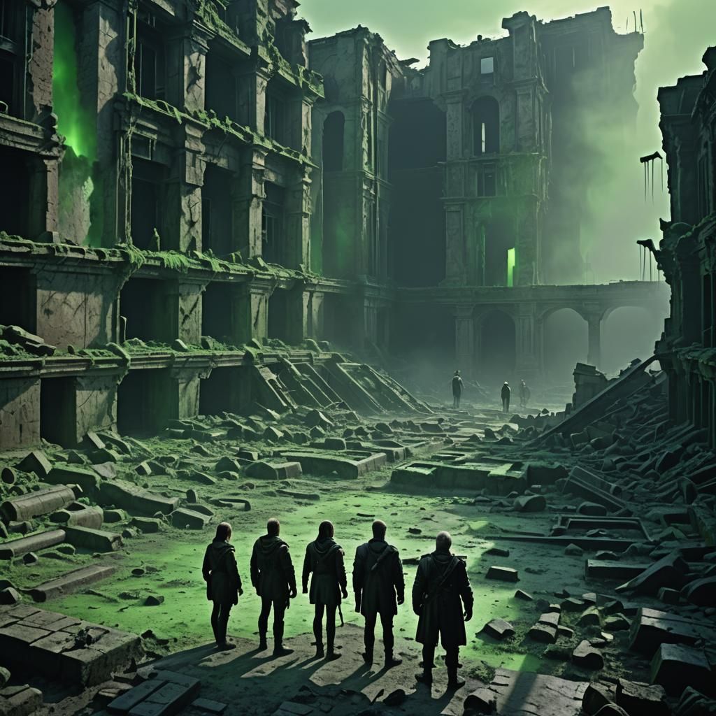Eerie Green Glow Illuminates Ruins in Cinematic Still