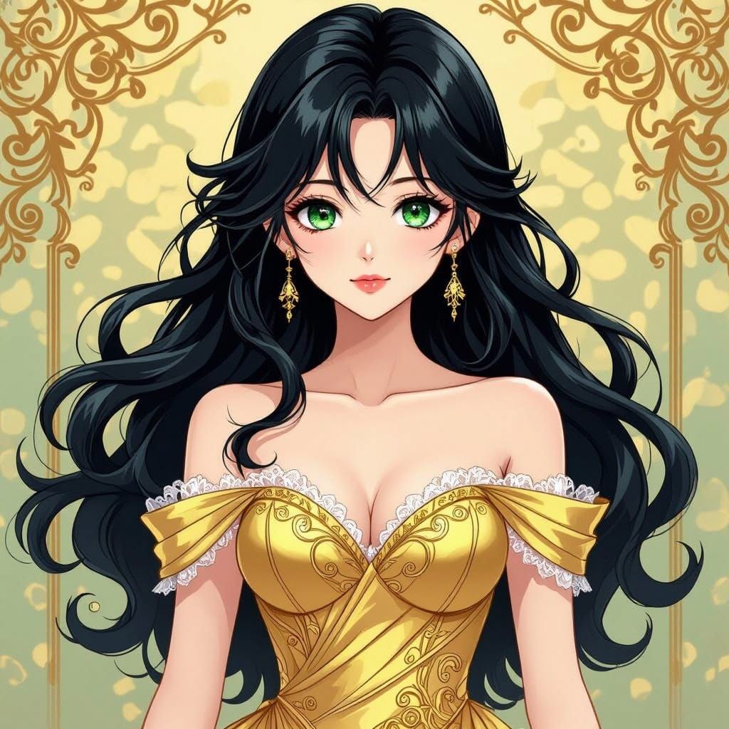 Anime Goddess in Emerald Evening Gown