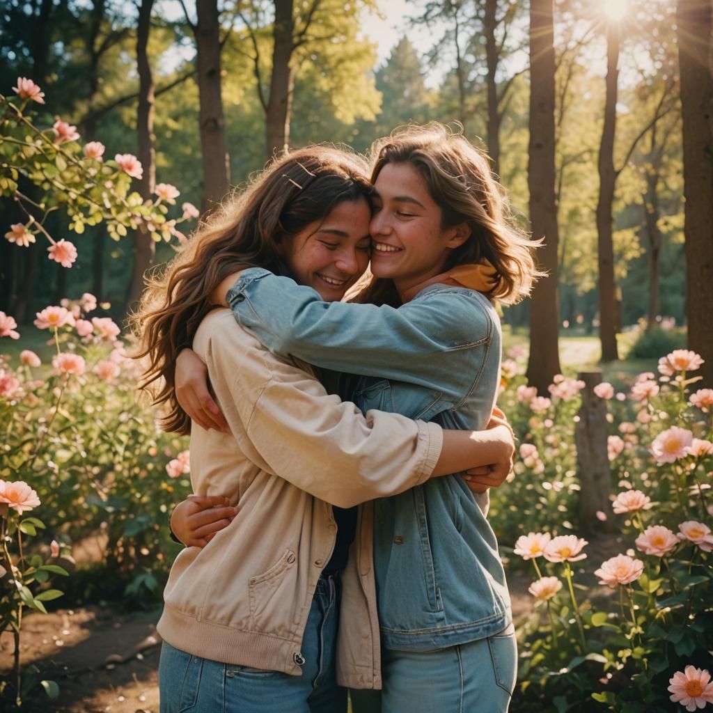 Joyful Embrace: Friends Reunited in Sunlight