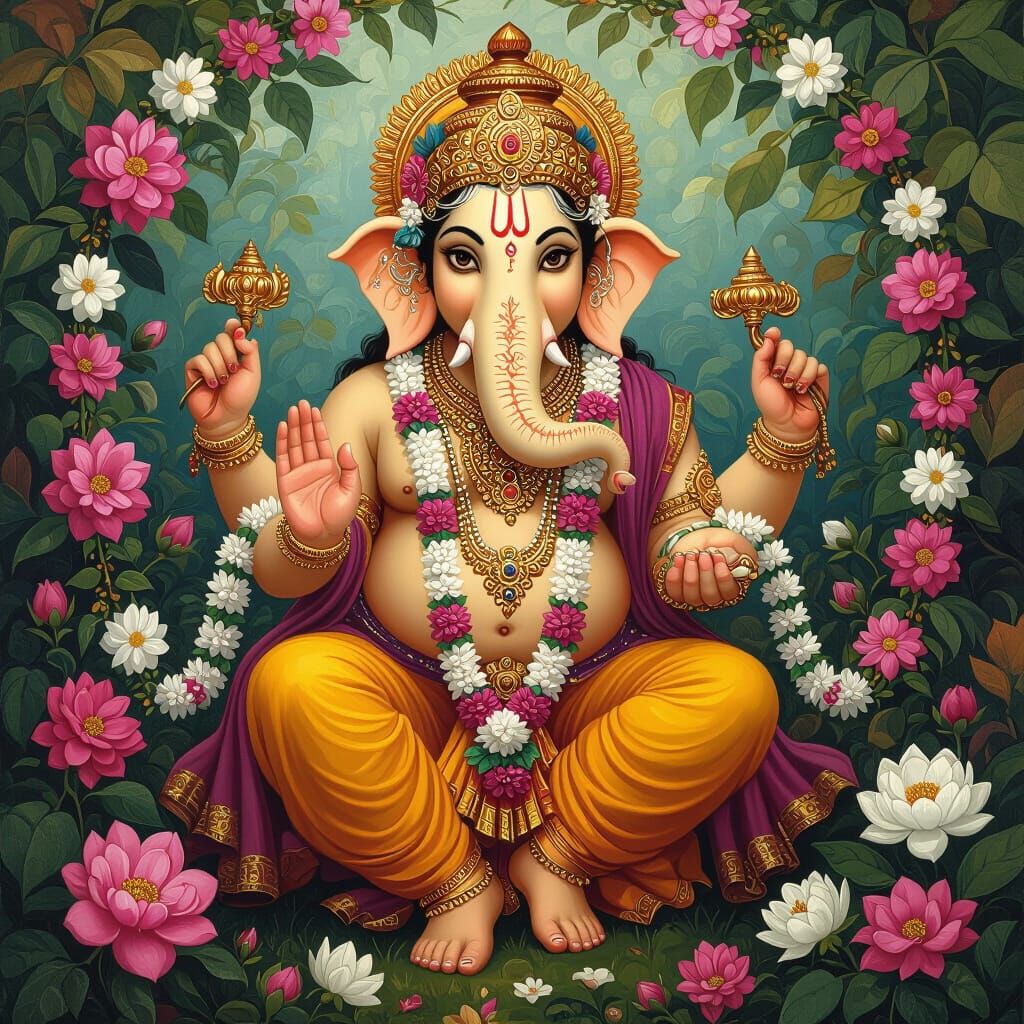 Lord Ganapati in a Lush Garden, Classical Indian Style