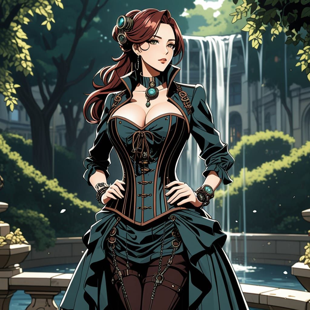 Steampunk Woman in Victorian Garden