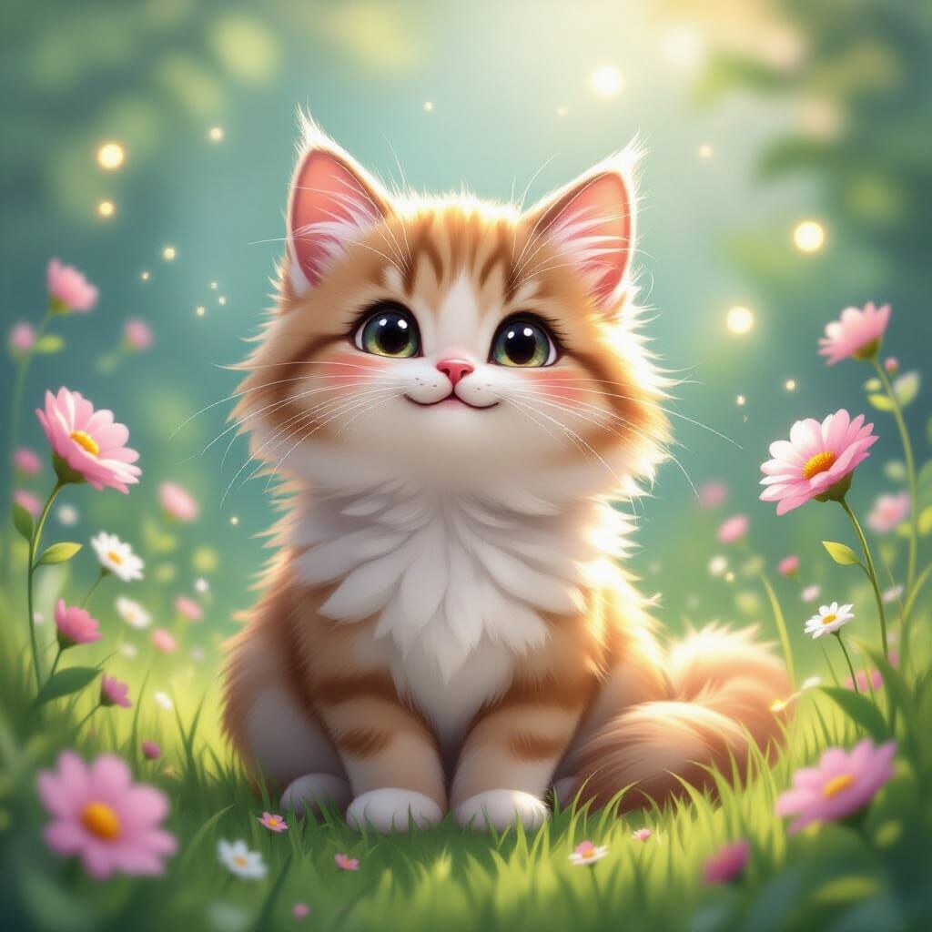 Happy Fluffy Cat in Dreamy Fairytale Setting