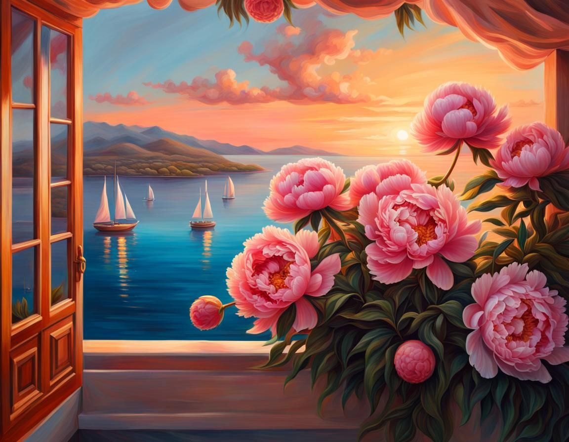 Hyperrealistic Oil Painting: Balcony View of Mediterranean S...