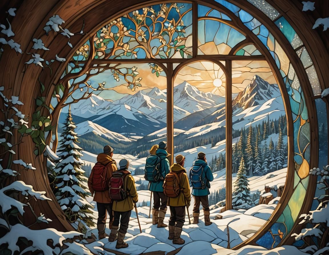 Hikers in Snowy Hut at Golden Hour: Art Nouveau